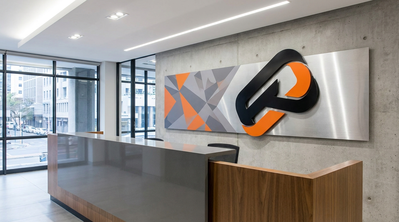 Corporate office lobby with branded reception signage in South Africa