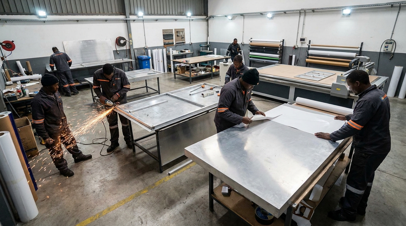 Signage being fabricated on the workshop floor at the Signs-R-Us manufacturing facility