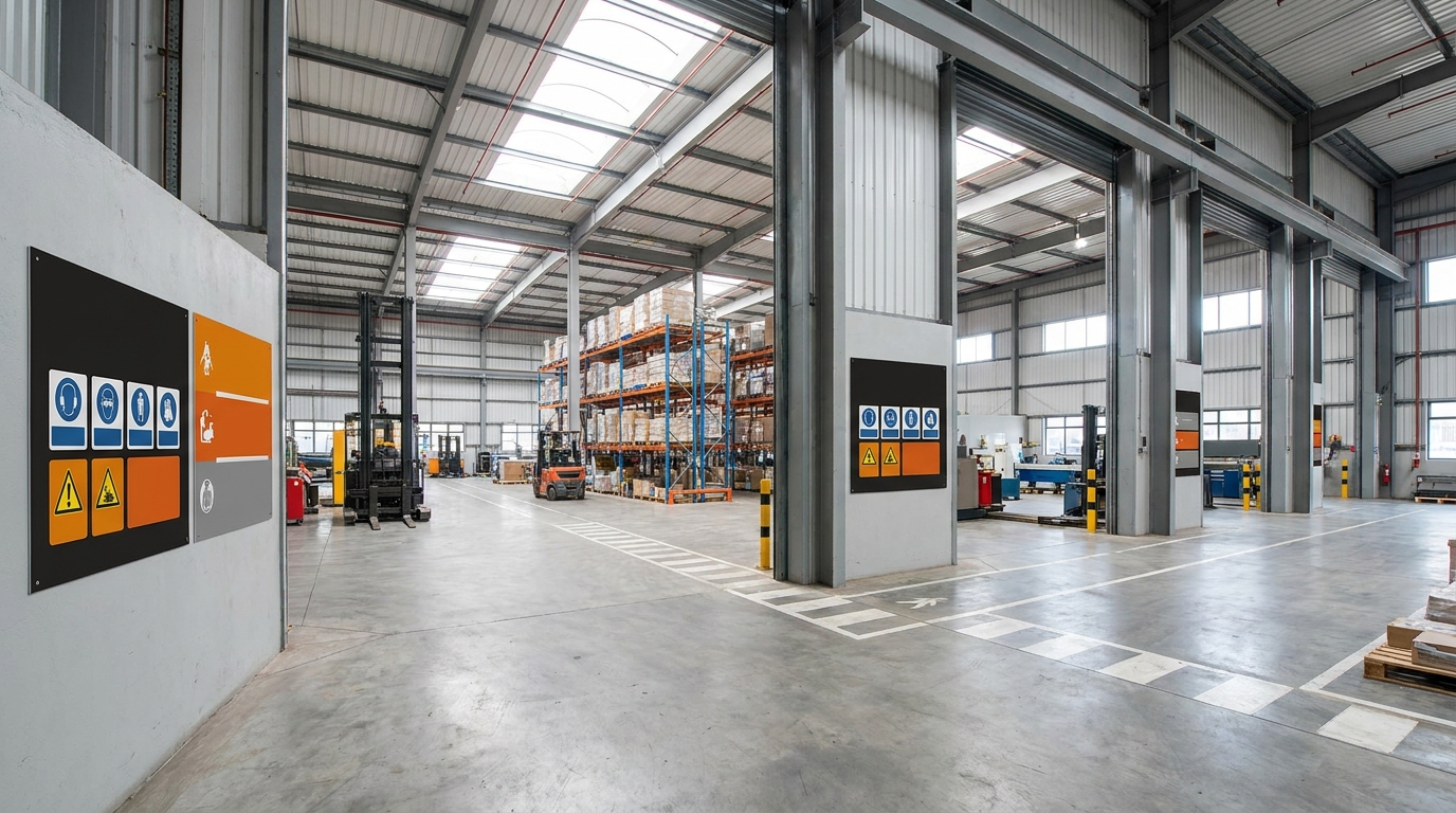 Safety and OHS signage installed inside a South African industrial warehouse