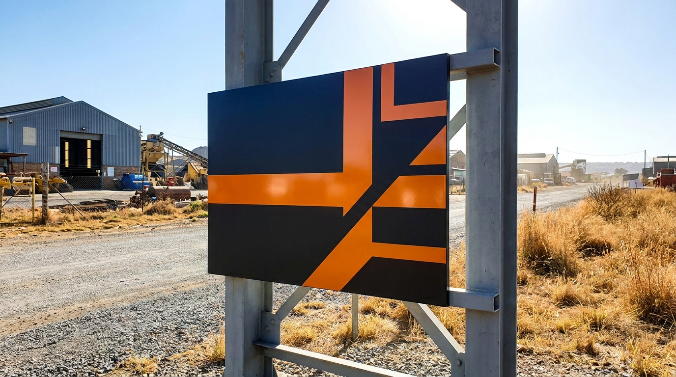 Chromadek steel signage panel finished in orange and black for a South African industrial site