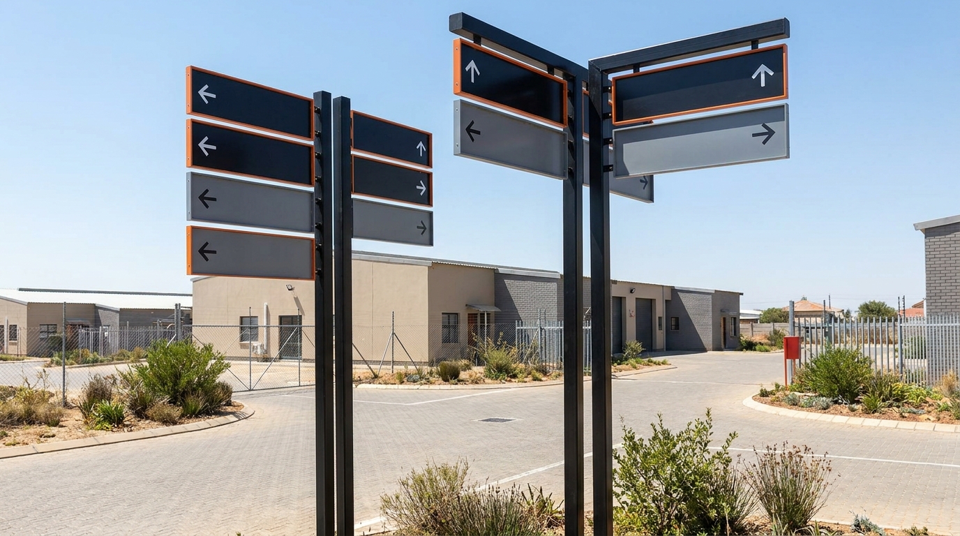 Directional wayfinding signage installed in an outdoor commercial or industrial complex in South Africa