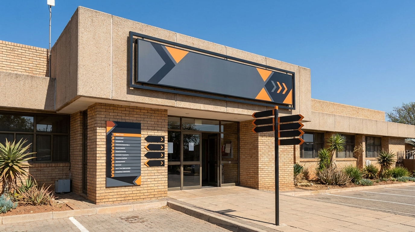 Government municipal building with exterior identification signage in South Africa