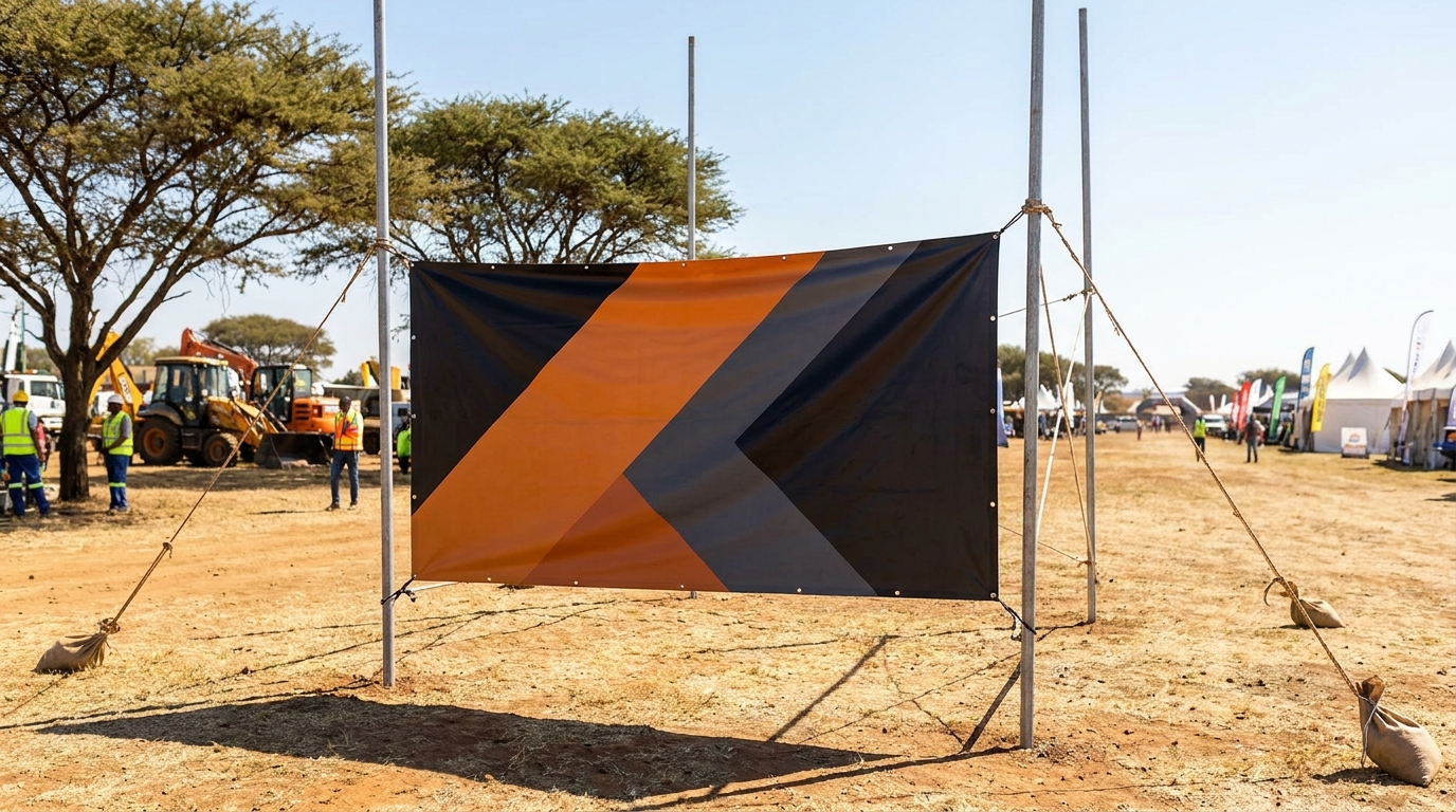 Large format vinyl banner printed with bold graphics at a South African outdoor event