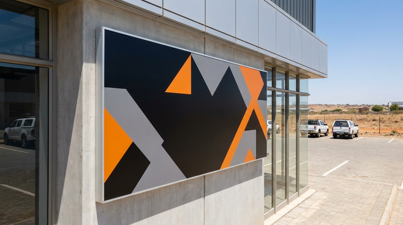 Composite Dibond signage board mounted on a corporate building exterior in South Africa
