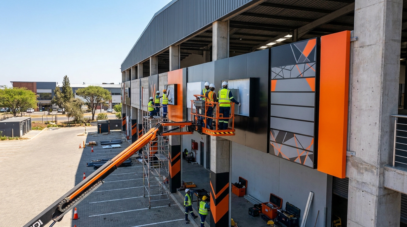 Large-scale signage installation project underway at a South African commercial development site