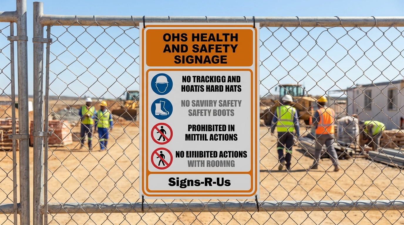 OHS safety signage board installed on a fence at a South African construction site