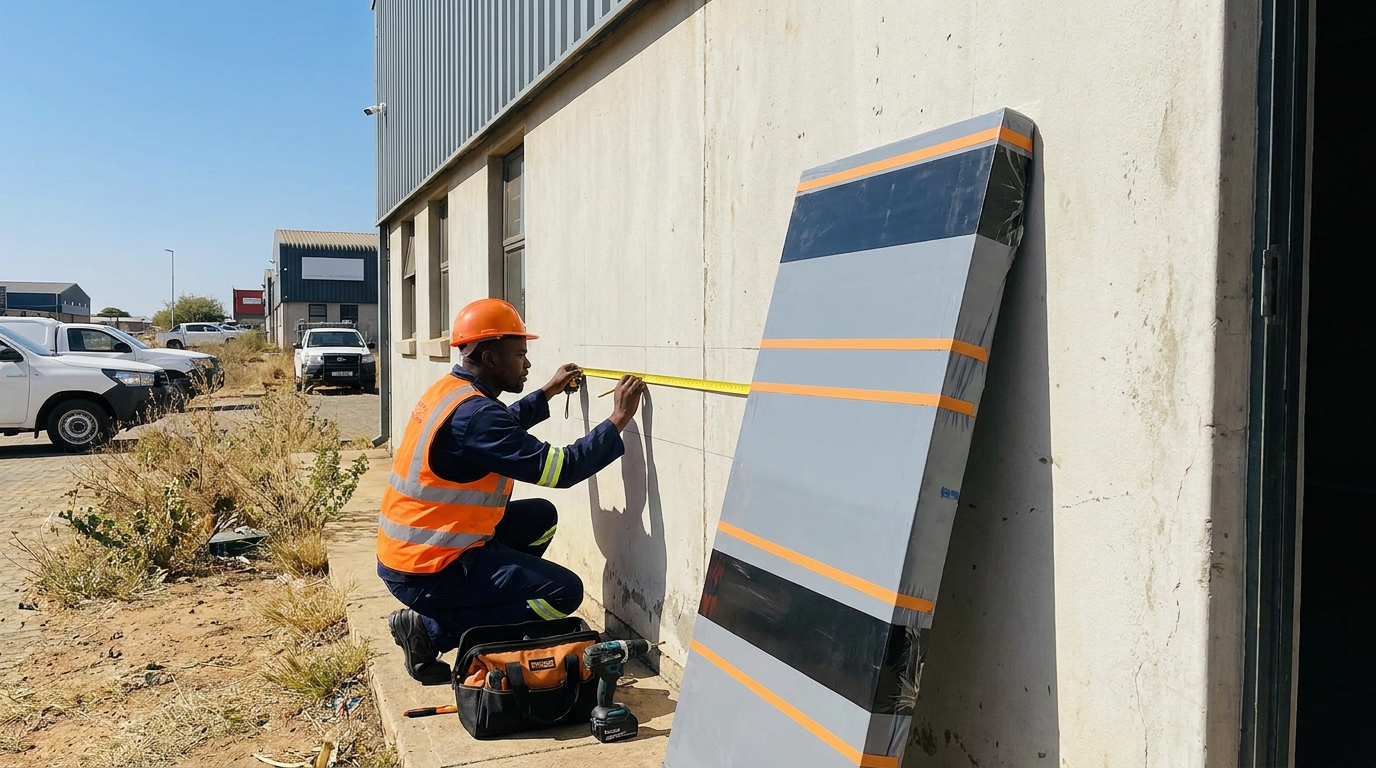 Signage installer measuring and marking a wall for a corporate fascia sign installation in South Africa