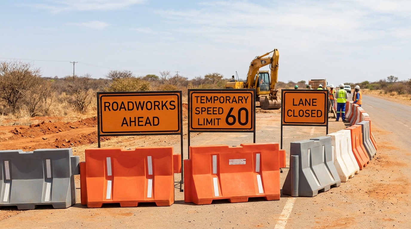 Temporary road signage and traffic barriers installed at a South African roadworks site