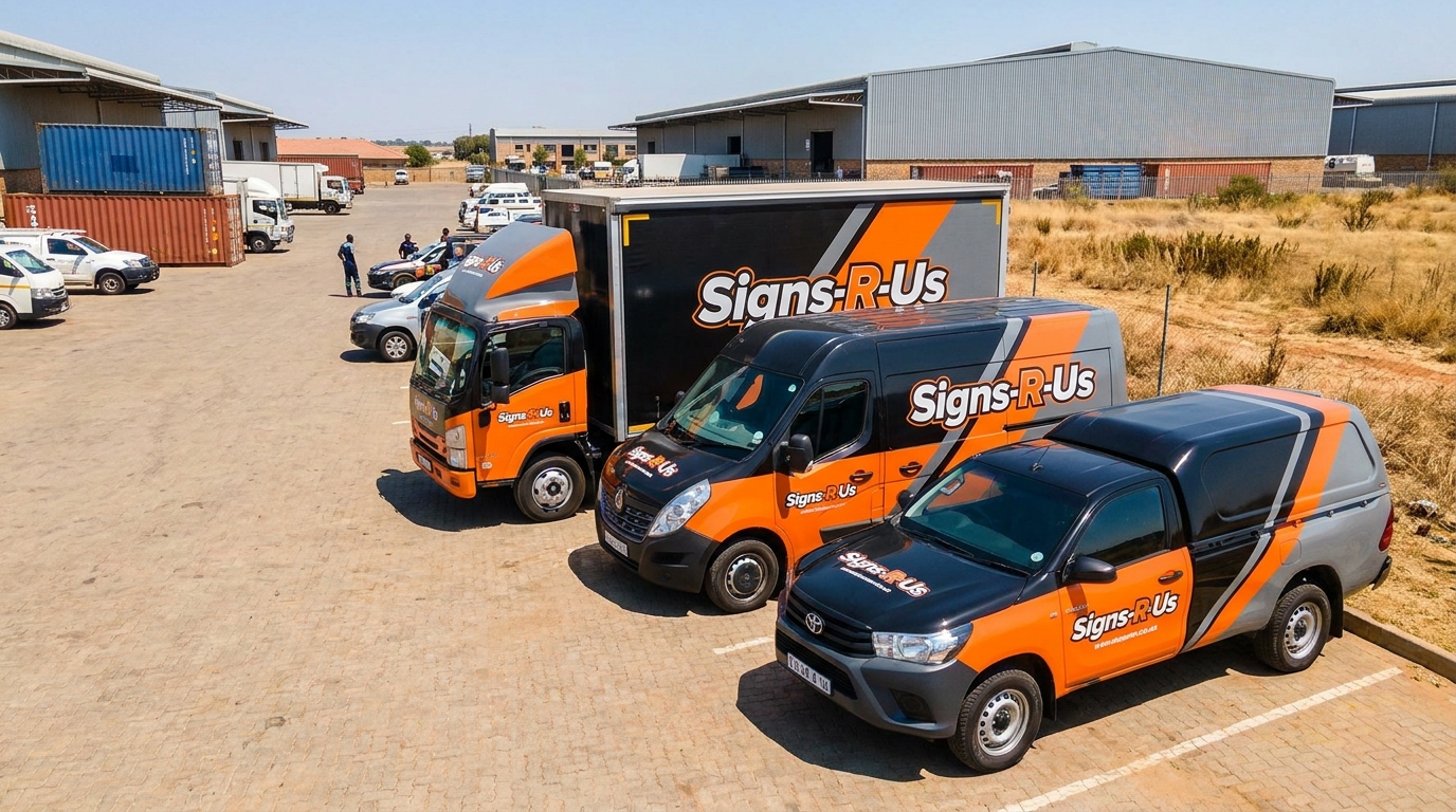 Branded fleet vehicles lined up at a South African logistics depot after vehicle branding installation