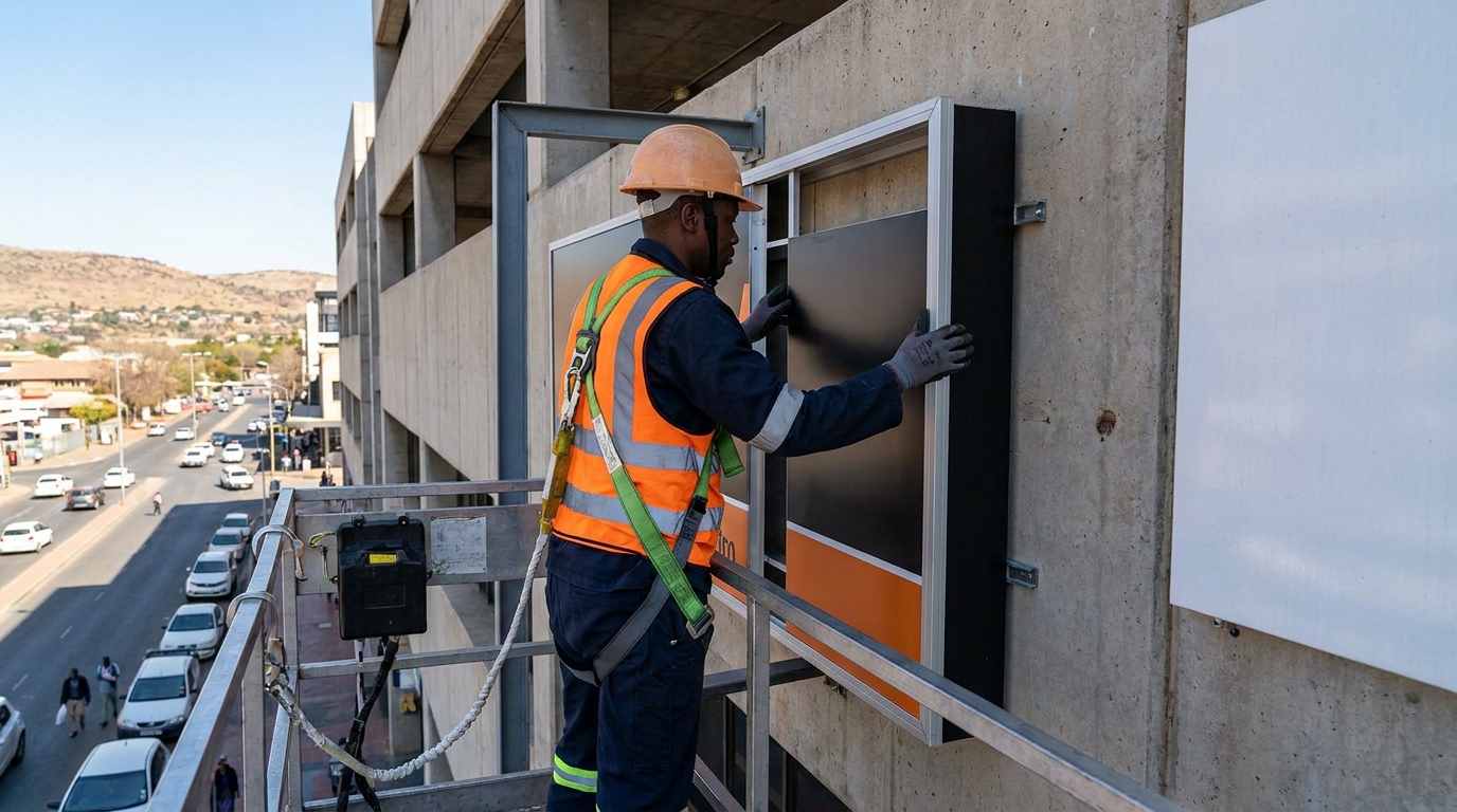 Signs-R-Us installation team using safety equipment to install a sign at height on a South African commercial site