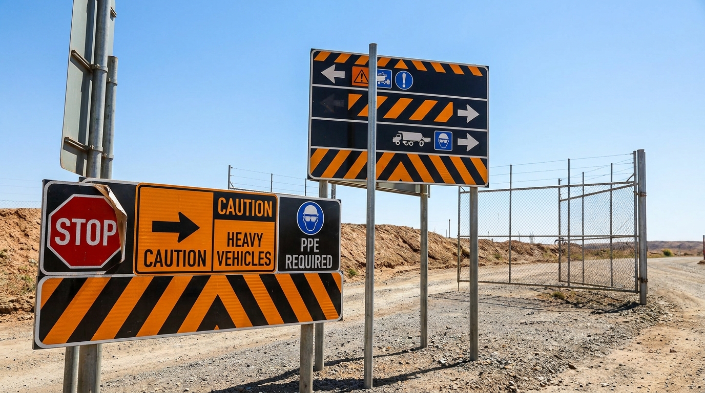 Mining safety and directional signs installed at the entrance to a South African mine site