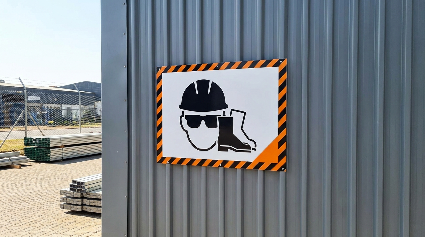 Clean, well-maintained OHS safety signage on an industrial facility wall in South Africa