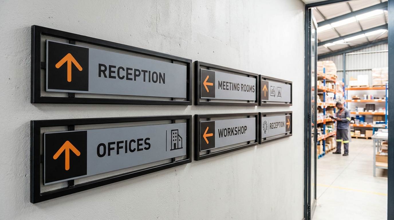 Freshly maintained and clearly visible wayfinding signs inside a South African commercial facility