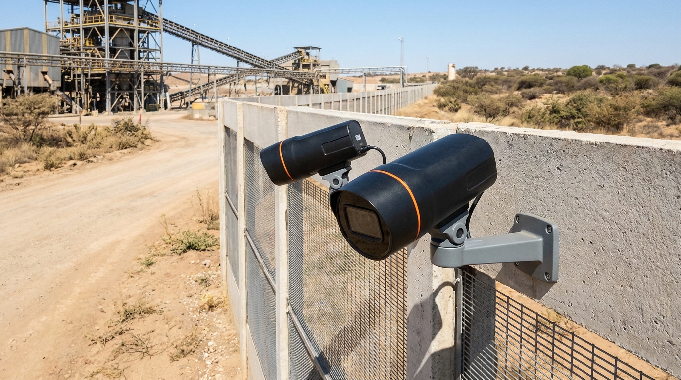 CCTV cameras installed on a perimeter wall at a South African industrial facility
