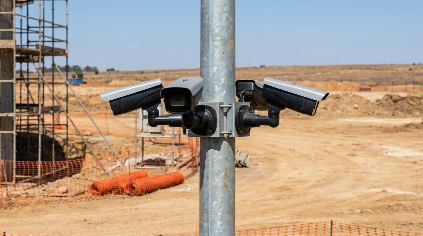 CCTV cameras mounted on a steel pole at a South African construction site perimeter