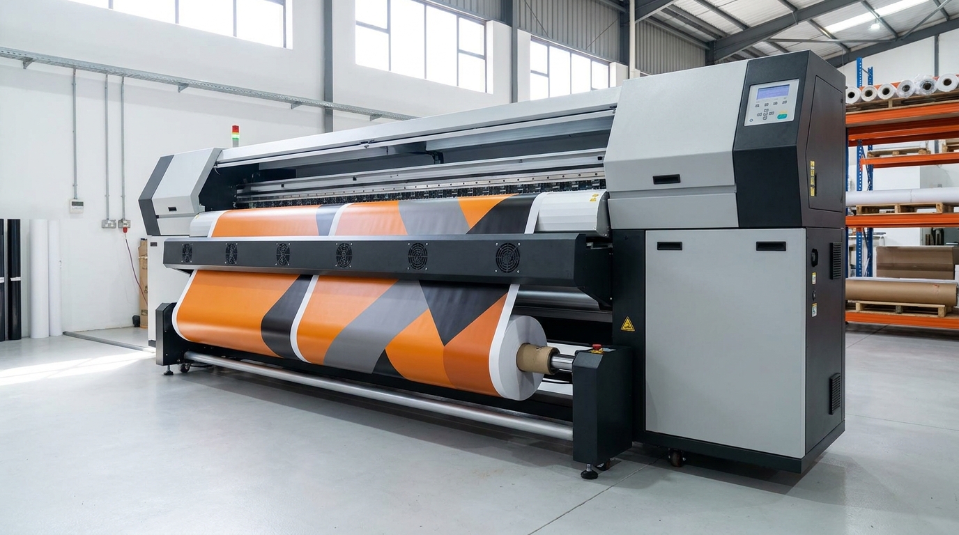 Large format digital printing press producing event branding graphics in a South African print facility