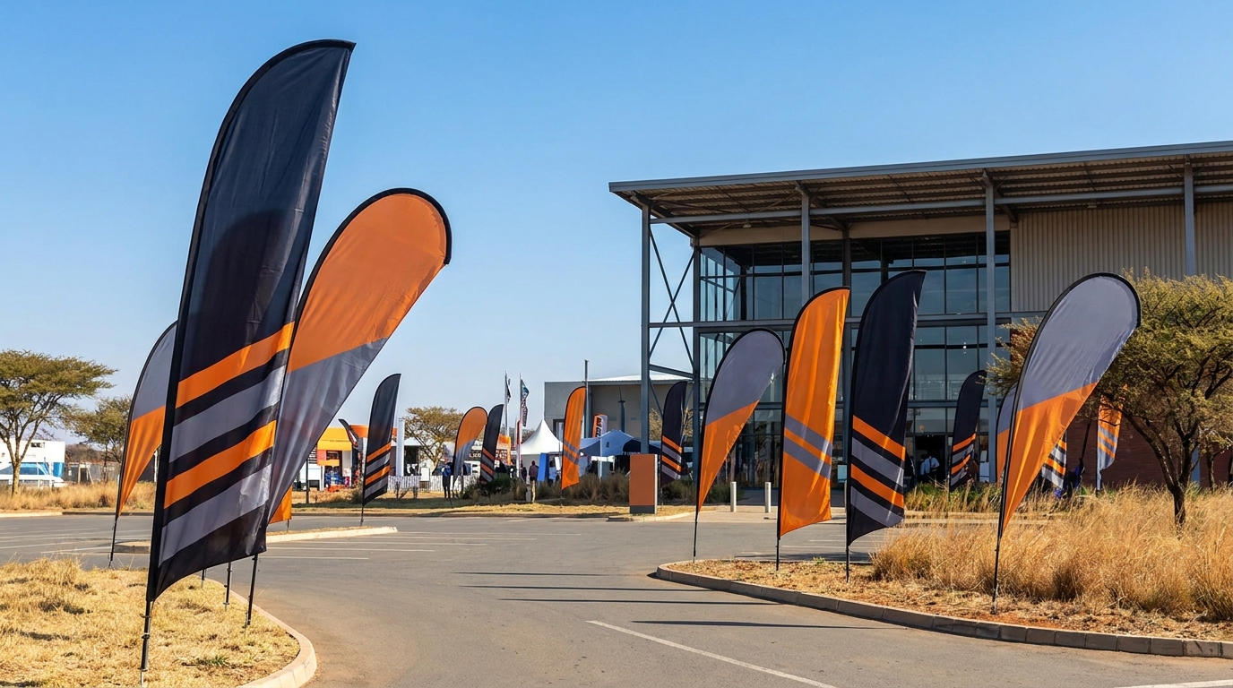 Branded feather flags and teardrop flags flying outside a South African commercial venue