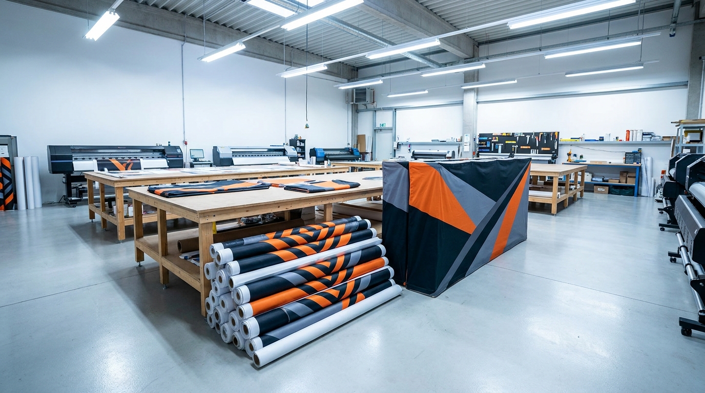 Finished printed event banners and display products laid out in a South African production facility