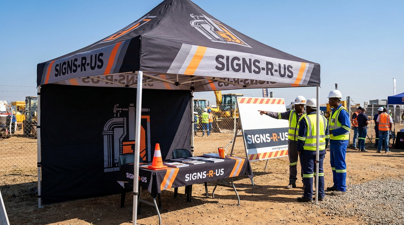 Branded gazebo at an outdoor South African promotional event with company colours on the canopy