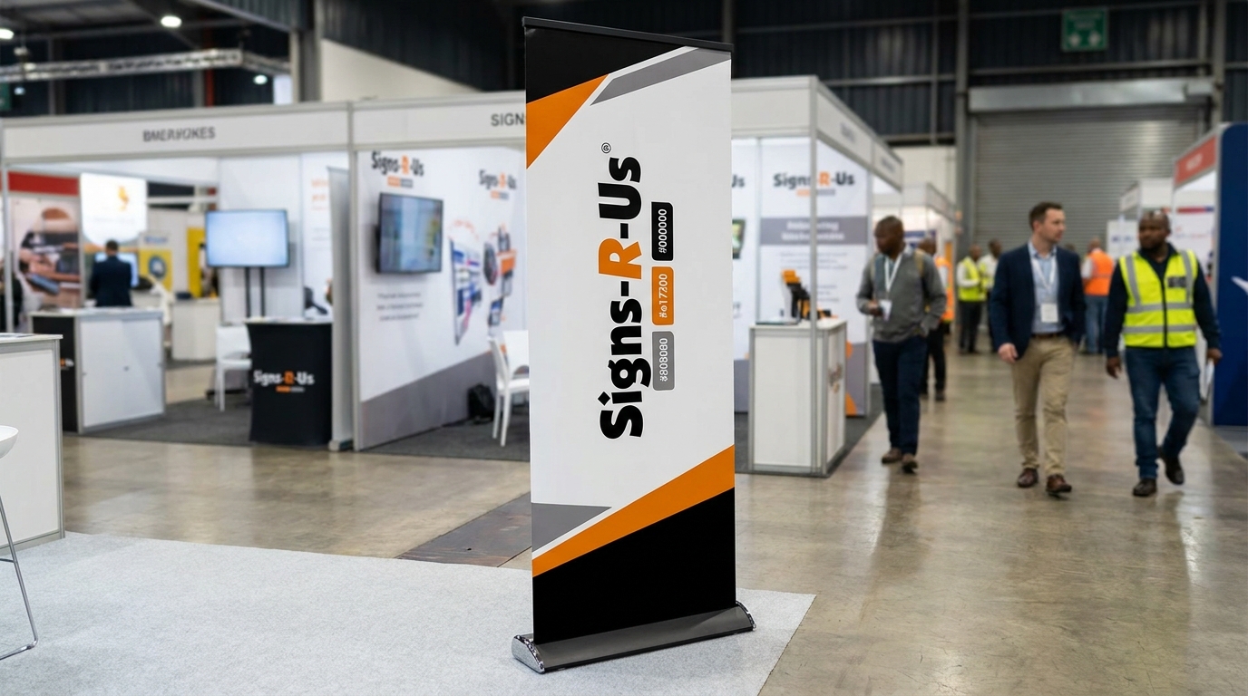 Pull-up roller banner with bold company branding at a South African trade exhibition