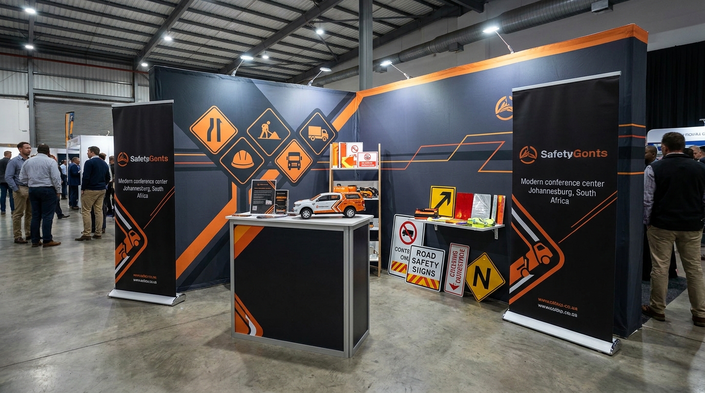 Branded exhibition display with pull-up banners and a corporate backdrop at a South African business event
