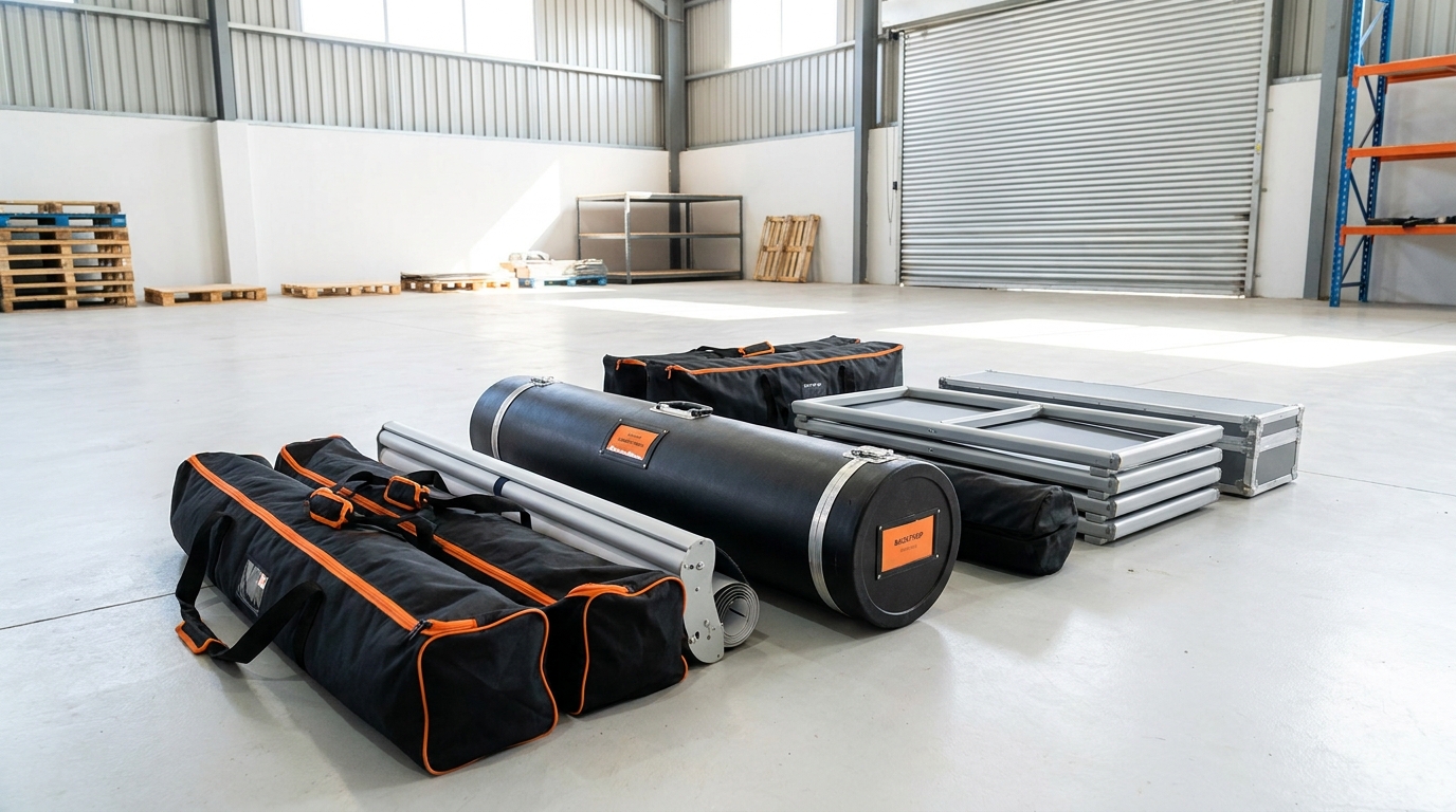 Event branding equipment packed in carry bags and cases ready for transport at a South African venue