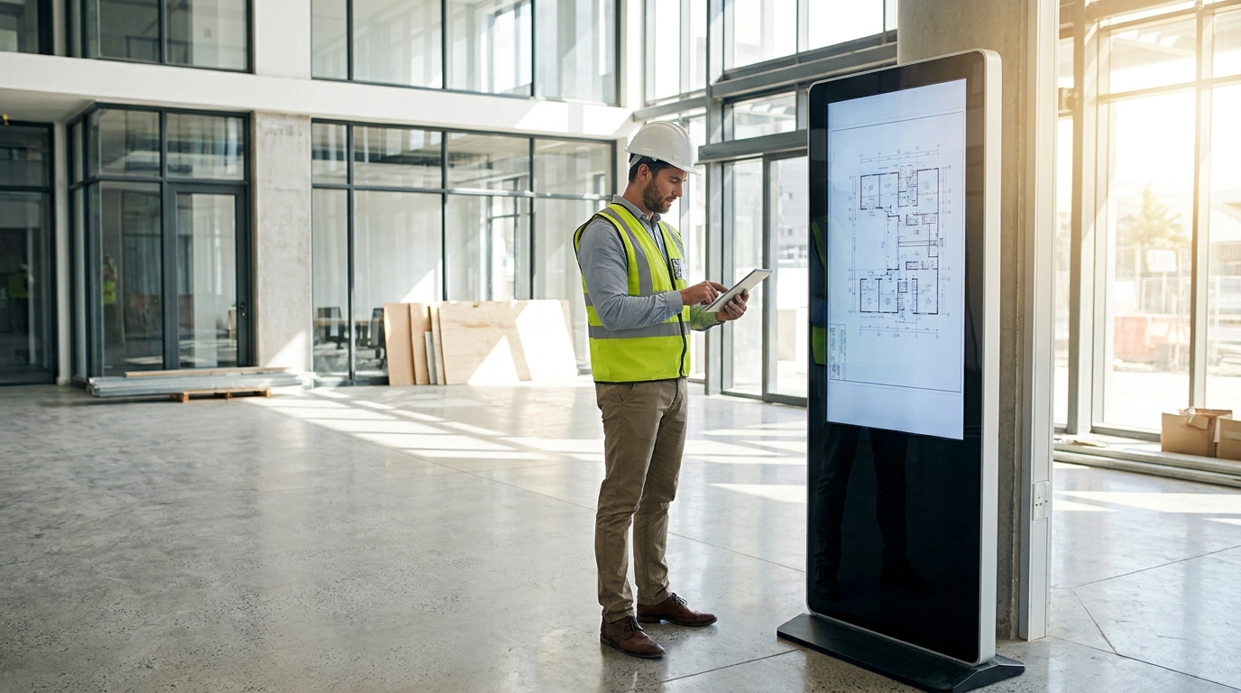 Signs-R-Us consultant reviewing a digital signage installation plan at a South African commercial site