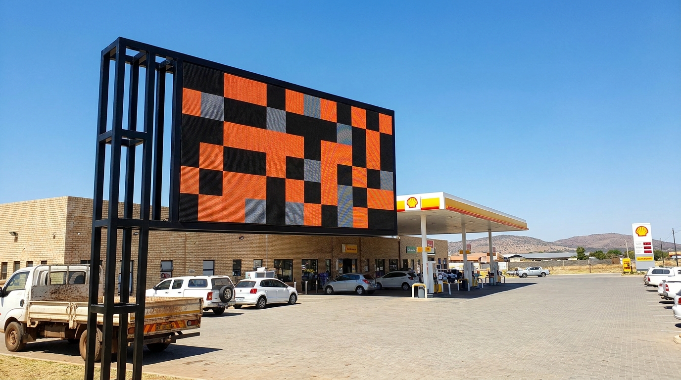 Outdoor digital LED screen in bright sunlight at a South African commercial property