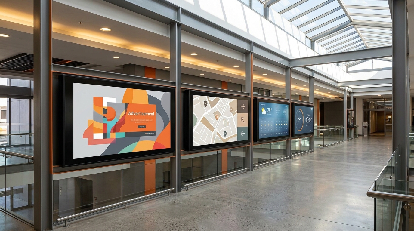 Multiple digital screens showing advertising and information content in a South African commercial facility
