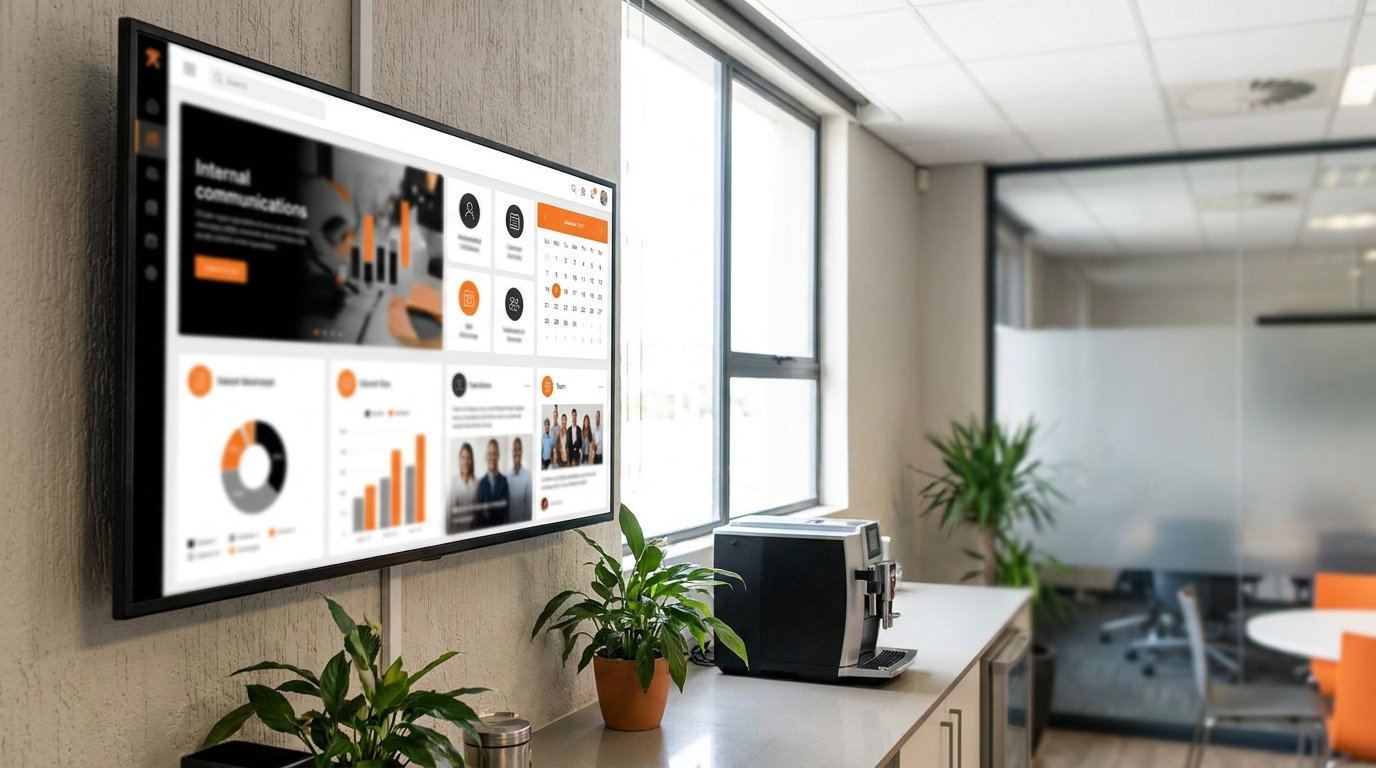 Corporate internal communications screen in a South African office