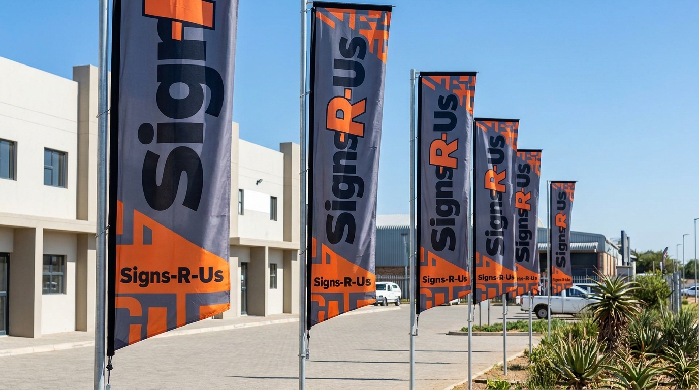 Branded promotional flags on poles outside a South African commercial building