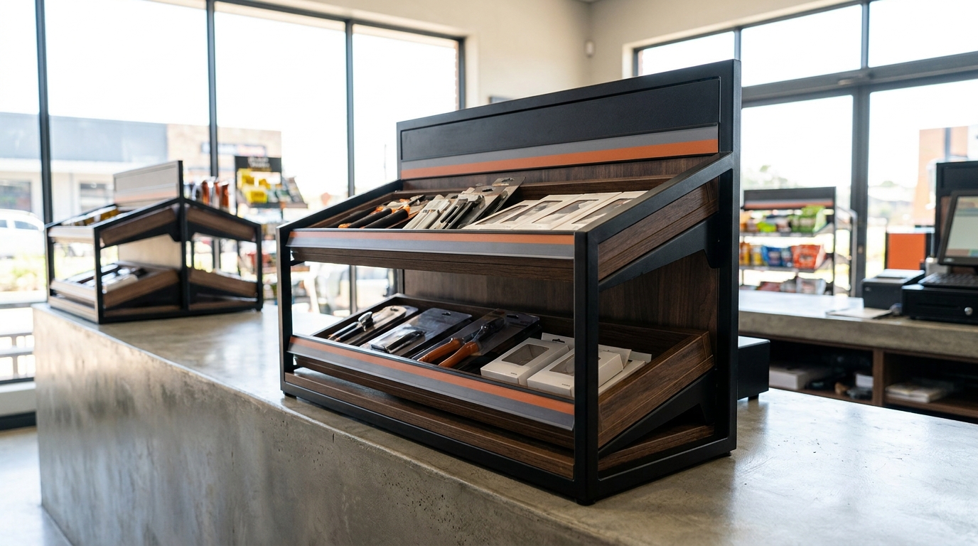 Point-of-sale display unit at a retail counter in South Africa