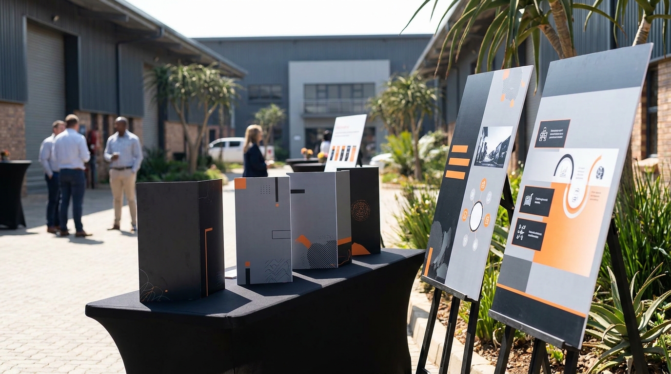 Assortment of promotional signage materials at a South African product launch
