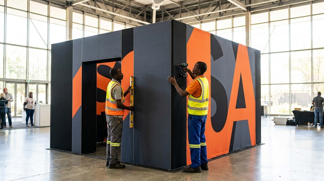 Signs-R-Us team installing a branded promotional display at a South African event venue