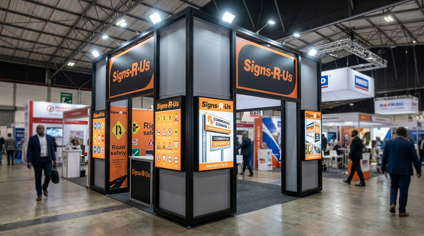 Freestanding display stand at a South African commercial exhibition