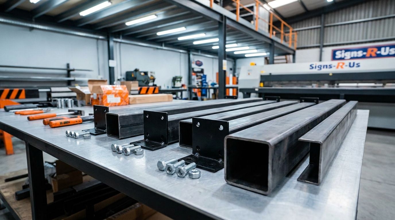 Steel sign post and mounting bracket set for road signage in South Africa