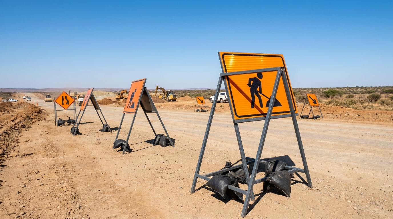 Temporary construction site signage stands and barriers on a South African road project