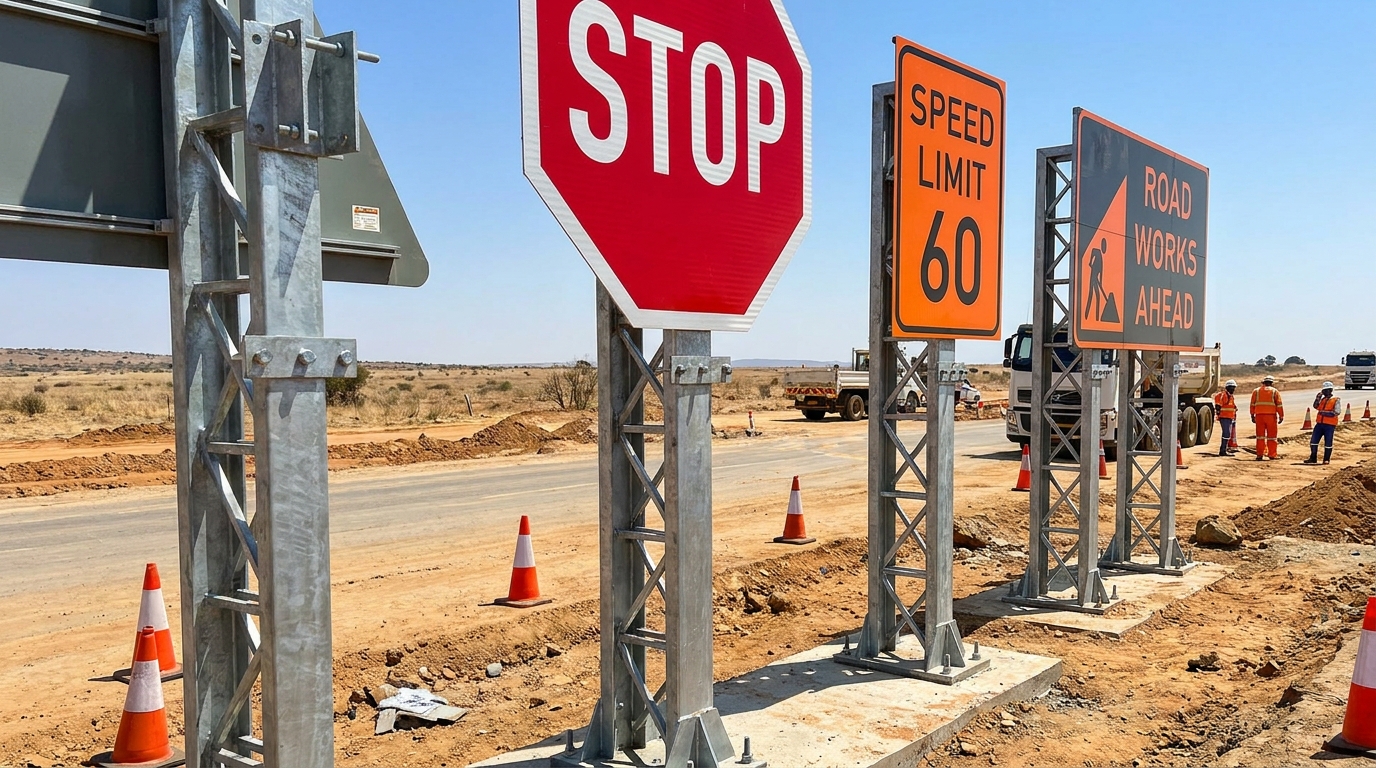 Road infrastructure signage hardware installed on a South African highway project