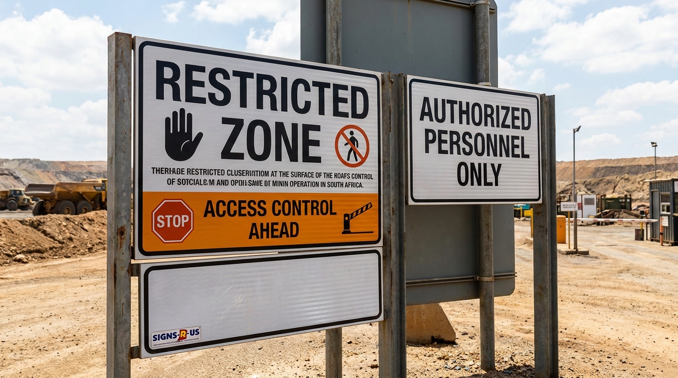 Access control and restricted zone signage at a South African mine gate