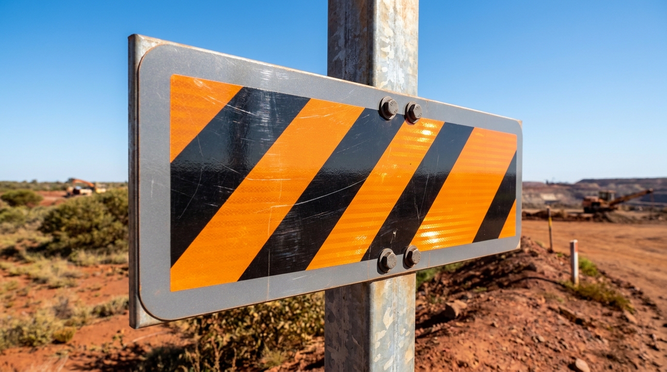 Reflective road signage on a post at a remote South African mine site in harsh outdoor conditions