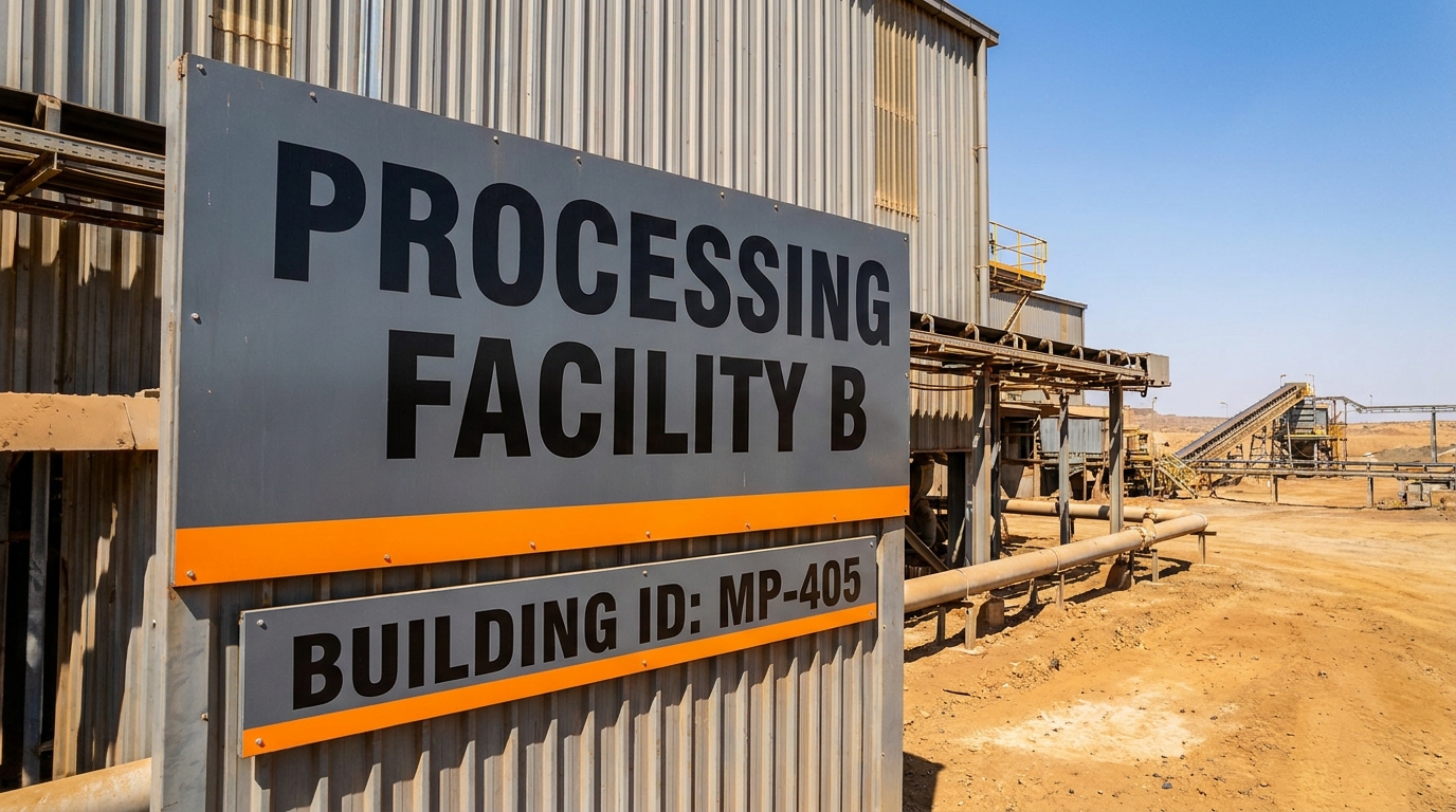 Building and facility identification signs at a mine processing plant