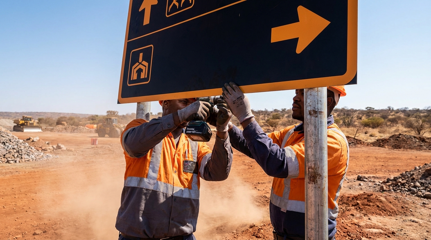 Signage installer mounting a directional sign on a post at a South African mine site