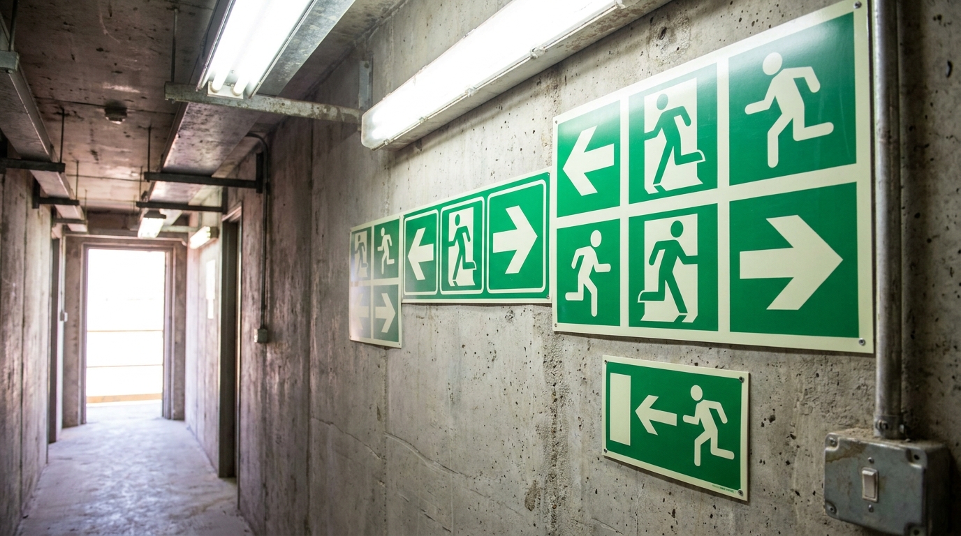 Emergency evacuation route signs on a mine wall in South Africa