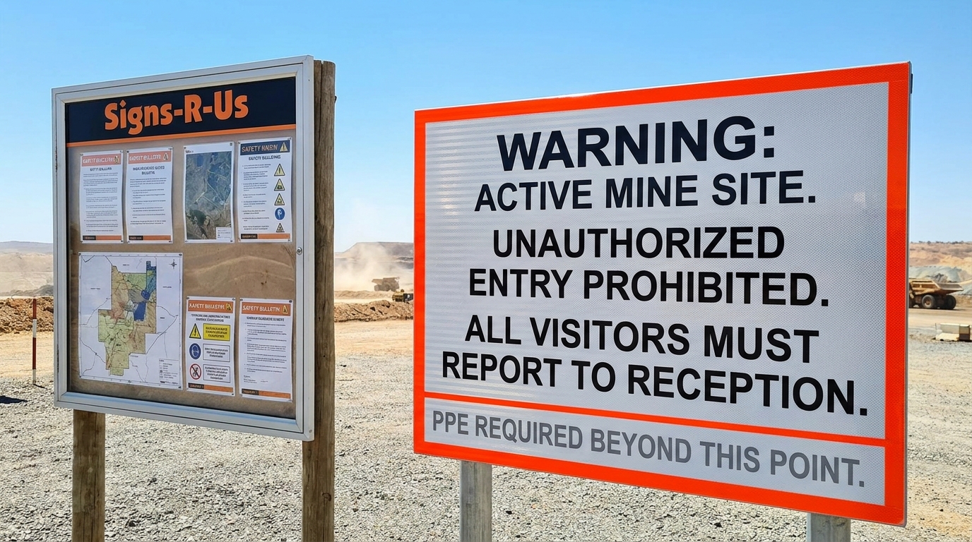 Reflective information and notice board signage at a South African mine site office