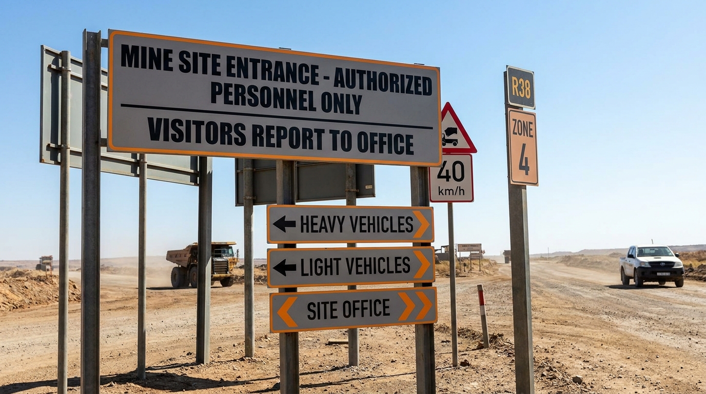 Directional wayfinding signage at the entrance to a South African mining site