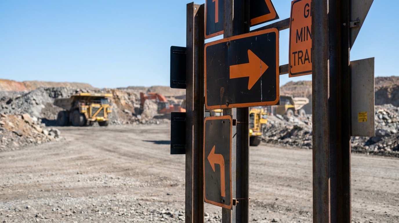Road and access route signs on a mine haul road in South Africa