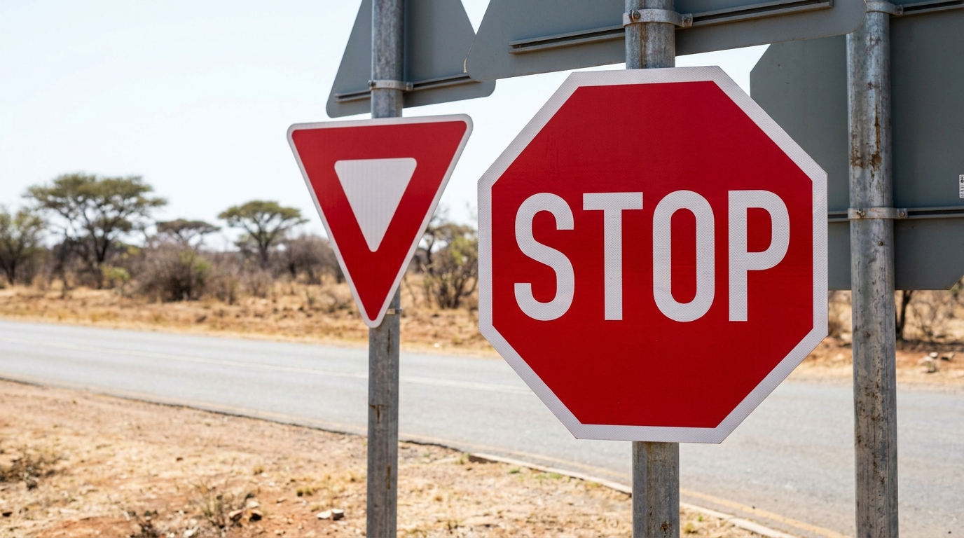 Regulatory road signs on a South African road including stop and yield signs