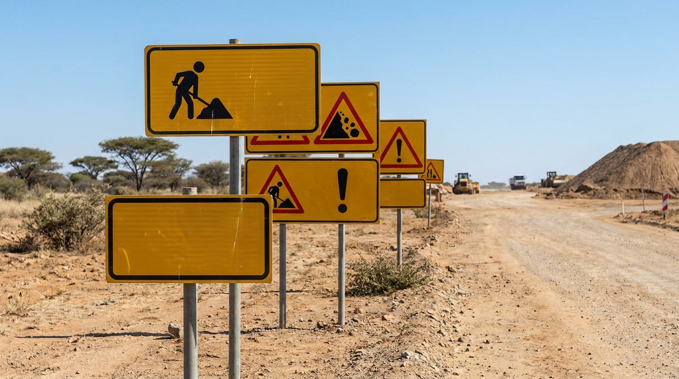 Warning road signs on a South African roadway indicating hazards ahead