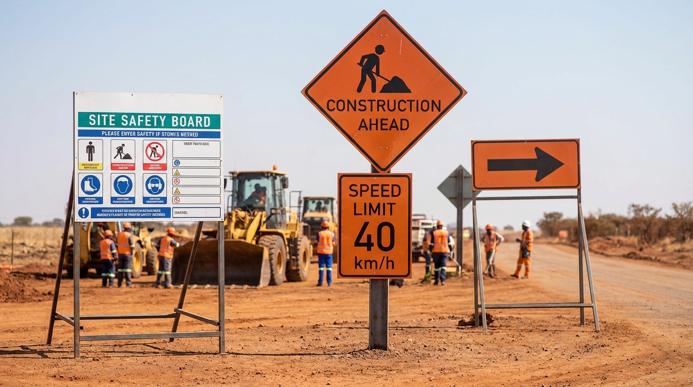 Road signage installed at the entrance to a South African construction site