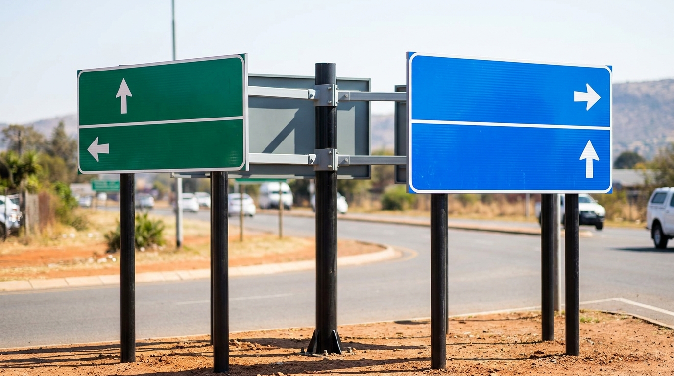 Directional and guidance road signs installed at a South African intersection